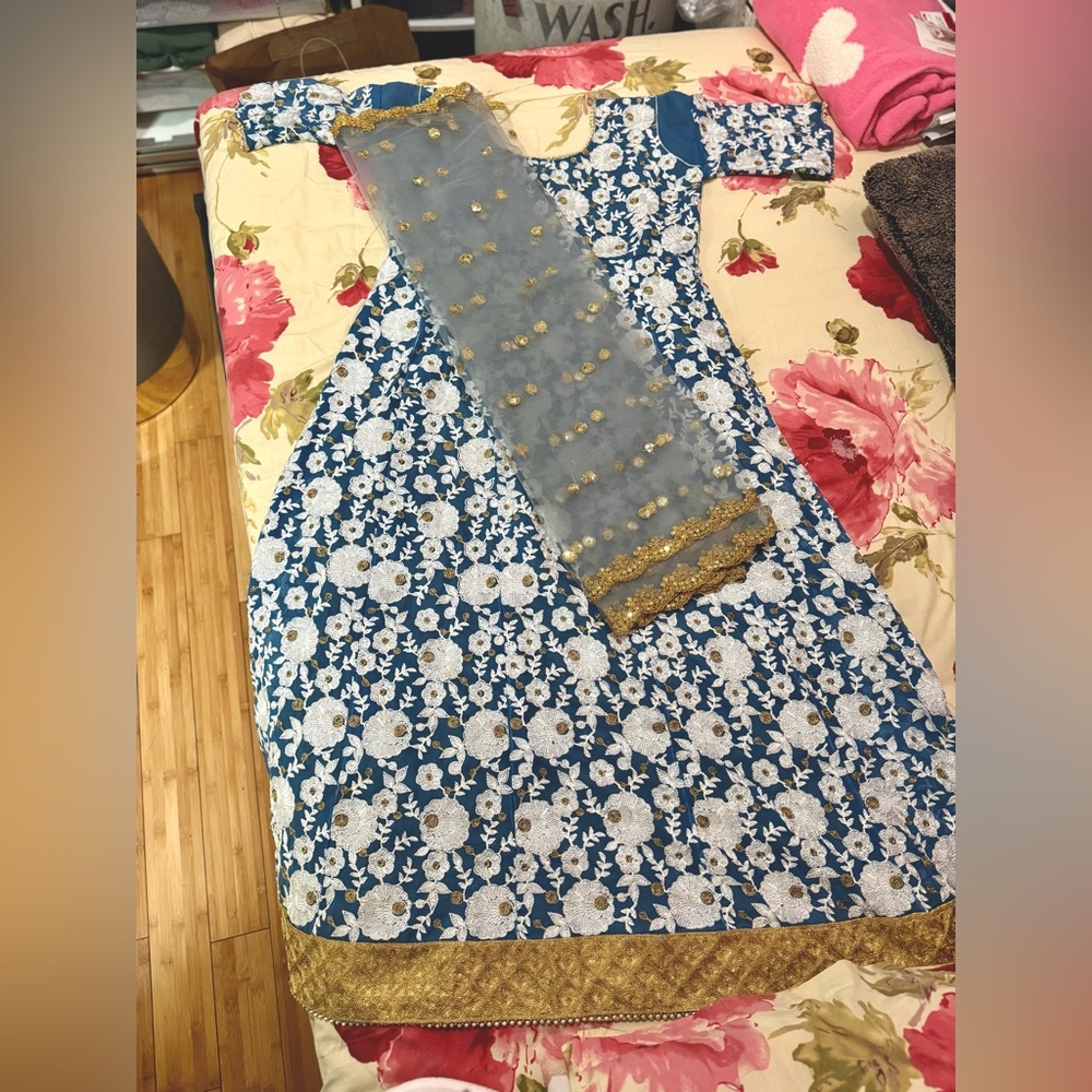 Beautiful blue floral embroidered anarkali with net dupatta, never worn